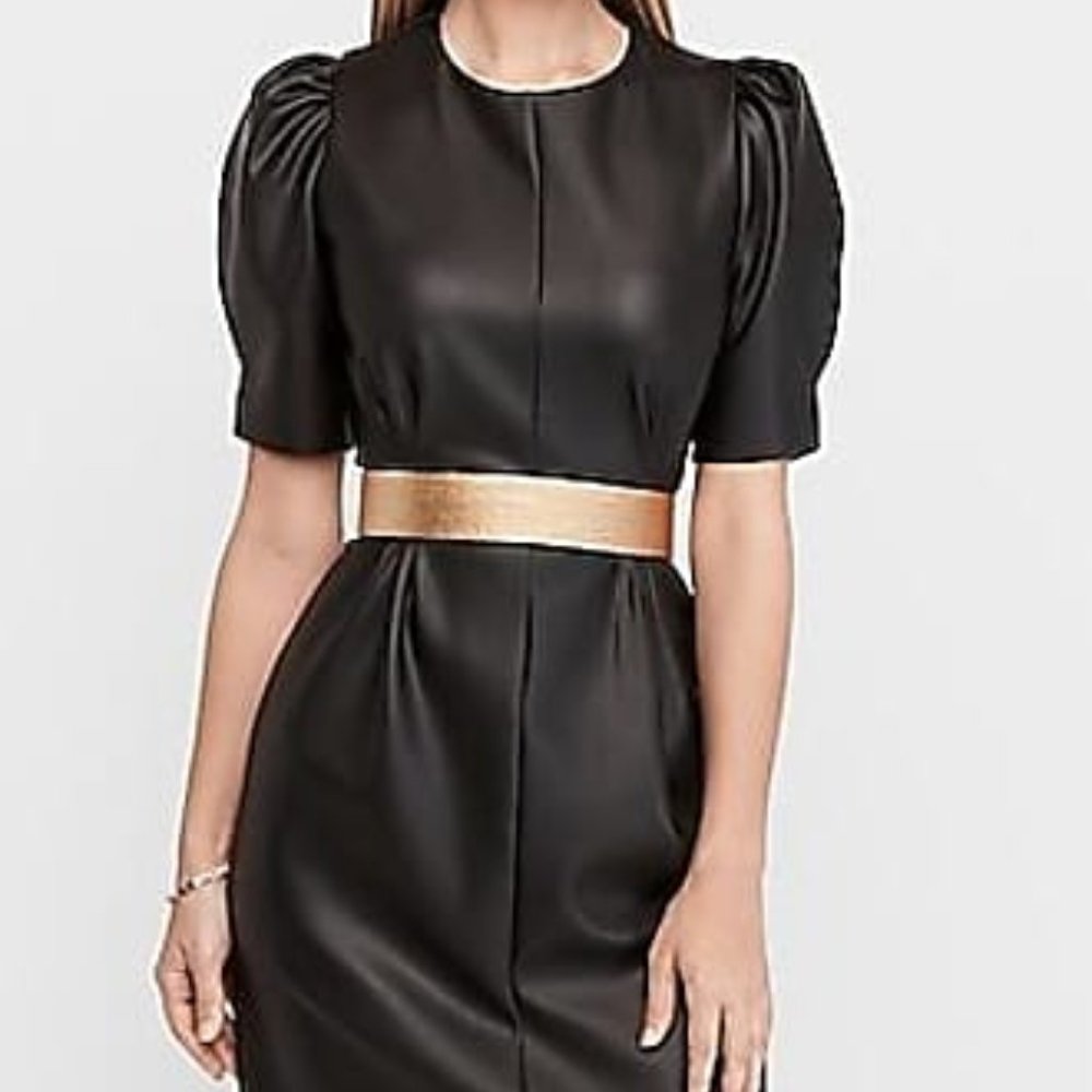 Express Puff Sleeve Vegan Leather Dress Black XS - Picture 2 of 6